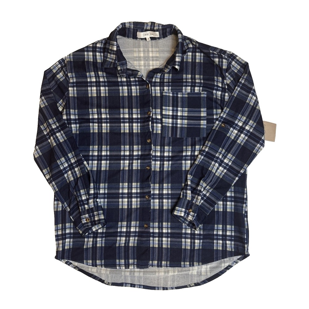 Eden & Olivia Flannel Slong Sleeve Blue Plaid Button Down Women's Medium